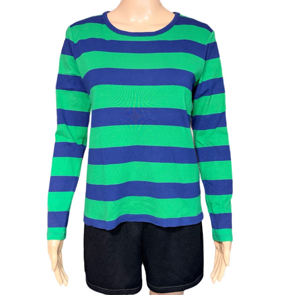 Lands End Womens T Shirt Top Shaped Fit Long Sleeve Stripes Blue Green Medium